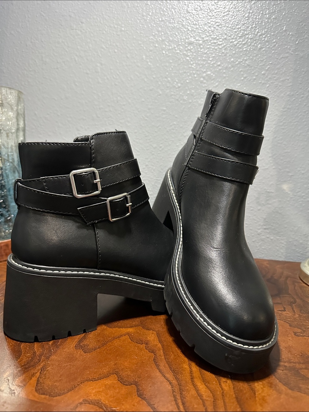 Madden Girl Black Chunky Platform Ankle Boots with Buckle Straps